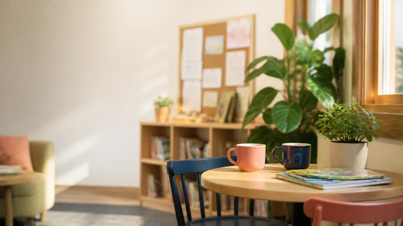 Ruhiger Tisch mit Büchern und Tassen im Familienzentrum